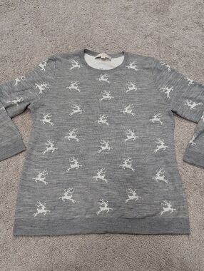 Ann Taylor LOFT Raindeer Sweater Large Gray White Wool Blend 3/4 Sleeve